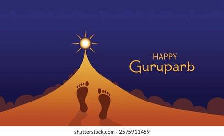 Artwork of footprints leading towards a radiant light symbolizing spiritual guidance and devotion, created for Guruparb celebrations with vibrant tones