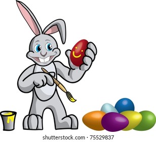 Artwork with funny cartoon bunny, who paints Easter eggs. Red egg, which in his hand - on a separate layer, you can change