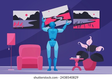 Galería de arte de inteligencia artificial, generación de contenido usando IA. El robot que cuelga generó la imagen digital en la pared en el interior del hogar, el arte rápido y los artistas trabajan ilustración vectorial de dibujos animados