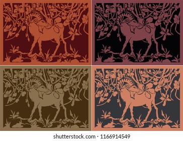 Artwork Goat and Flower in spring with set of prehistoric color style