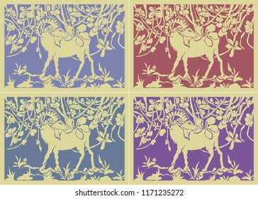 Artwork Goat and Flower in spring with set of impressionism purple color style
