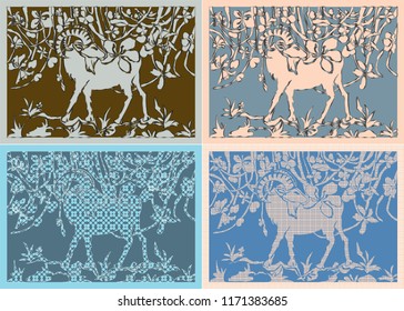Artwork Goat and Flower in spring with set of graphic dots and old color