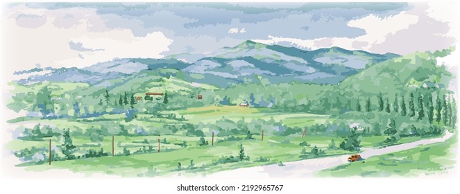 Artwork in green, Carpathian mountains.  Background, screensaver, banner. Trans carpathian. Artistic presentation, design template. Rural nature, magazine, brochure, book, interior.Vector illustration