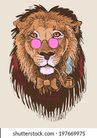 artwork of hipster lion smoking tube in pink glasses, sketch drawing animal portrait 