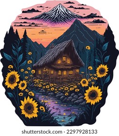 Kunstwerk eines Hauses mit Sonnenblumen, Hintergrund, T-Shirt-Design
