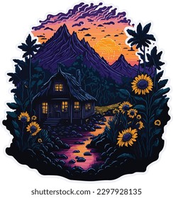 Obra de una casa con girasoles, fondo de montaña, diseño de camisetas
