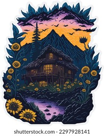 Artwork of a house with sunflowers, mountain background, t-shirt design

