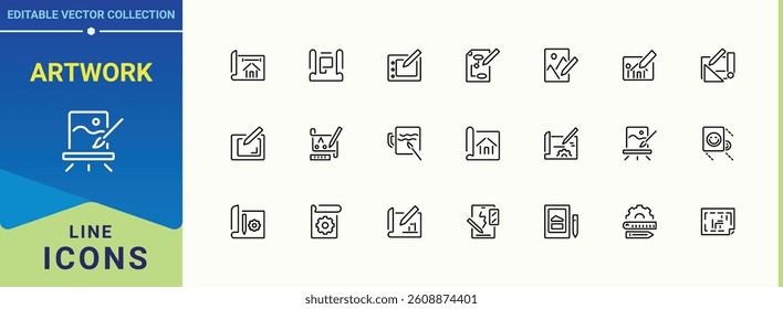 Artwork icon collection. Includes symbols for draw, graphic, creative, sketch, art and more. Drawing line icon. Line icons with editable stroke. Pixel perfect. Vector collections.
