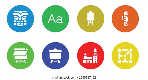 artwork icon set. 8 filled artwork icons.  Collection Of - Tiki, Canvas, Typography, Stockholm, Seahorse, Layout