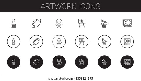 artwork icons set. Collection of artwork with sculpture, rugby, walrus, canvas, watercolor. Editable and scalable artwork icons.