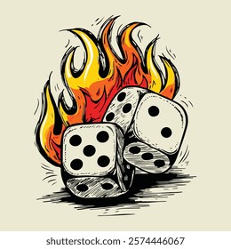 artwork illustration art t-shirt design dice on fire premium vector, Sticker or Element of T-shirt or poster design. Vector Illustration. Dice t shirt print. Game poster for boy clothes.