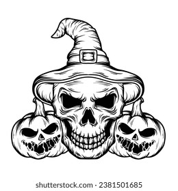 artwork illustration black and white hand drawn pumkin skull with hat witch 