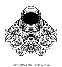 artwork illustration black and white hand drawn astronaut with flower engraving ornament