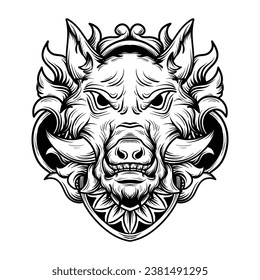 artwork illustration black and white handdrawn wild boar with engraving ornament