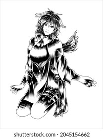 Artwork Illustration Blue Haired Beautiful Girl Vector Black And White Silhouette