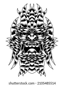 Artwork Illustration Fanged Monster With Many Feathers And Horns Line Art