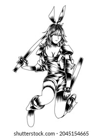 Artwork Illustration Of Green Bunny Girl In Action With Sword Black And White Silhouette