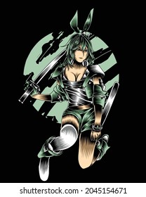 Artwork Illustration Of Green Bunny Girl In Action With Sword Vector