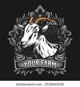 artwork illustration head goat for logo tshirt. goat head design vector with ornament