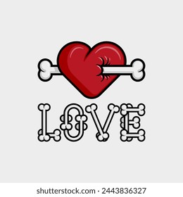 artwork illustration of heart pierced with bone and the word LOVE below are made of bone too. in outline and gothic horror cartoon style for apparel or clothing