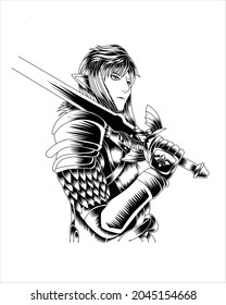 Artwork Illustration Mighty Knight With Golden Sword Vector Black And White Silhouette