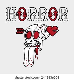 artwork illustration of skull sticks out its tongue which is pierced by the arrow and hits the slashed heart. in outline and gothic horror cartoon style for apparel or clothing