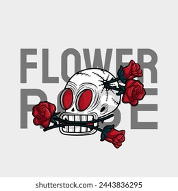 artwork illustration of skull that bites and is covered in rose thorns. in outline and gothic horror cartoon style for apparel or clothing