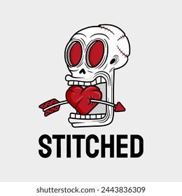 artwork illustration of skull that was slashed while biting a heart that was pierced by an arrow. in outline and gothic horror cartoon style for apparel or clothing