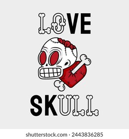 artwork illustration of skull that spits out its brain and smiles sinisterly with its heart cut through the bone. in outline and gothic horror cartoon style for apparel or clothing