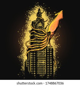 artwork illustration of squid attacking the building, suitable for t-shirt design, poster design and etc.