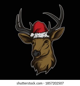 artwork illustration and t shirt design deer head with christmas hat premium vector