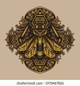artwork illustration and t shirt design golden bee engraving ornament