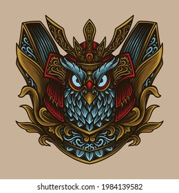 artwork illustration and t shirt design samurai owl engraving ornament