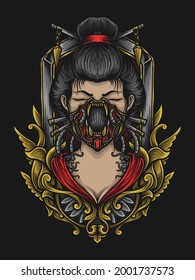 artwork illustration and t shirt design geisha gas mask engraving ornament