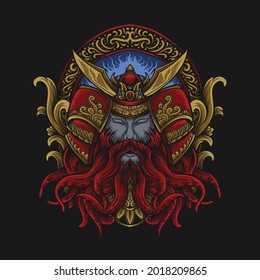 artwork illustration and t shirt design samurai octopus engraving ornament