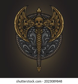 artwork illustration and t shirt design axe skull engraving ornament