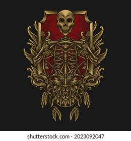 artwork illustration and t shirt design golden skeleton and dream catcher engraving ornament
