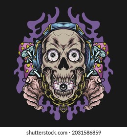 artwork illustration and t shirt design skull headphone and mushroom