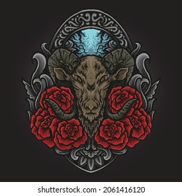 artwork illustration and t shirt design goat and rose engraving ornament