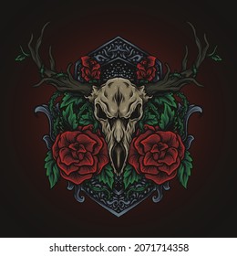 artwork illustration   t shirt design deer skull   rose  engraving ornament