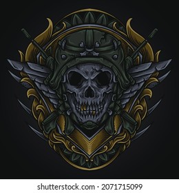 artwork illustration and t shirt design deer army skull  engraving ornament