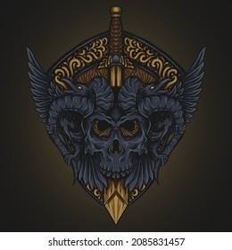 artwork illustration and t shirt design devil skull and sword engraving ornament