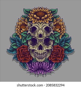 artwork illustration and t shirt design devil skull and flower sunflower engraving ornament