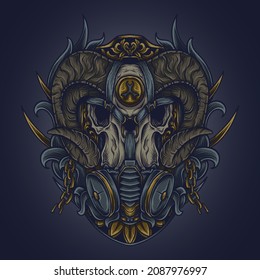 artwork illustration and t shirt design goat skull with gas mask engraving ornament