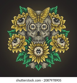 artwork illustration and t shirt design sunflower and skull