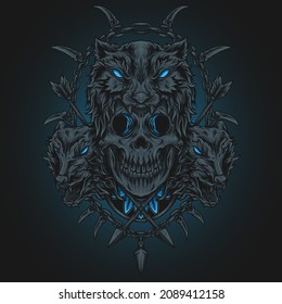 artwork illustration and t shirt design mythical  wolf and skull engraving ornament