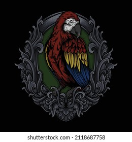 artwork illustration and t shirt design macaw bird engraving ornament