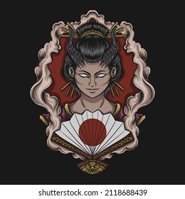 artwork illustration and t shirt design traditional devil geisha engraving ornament