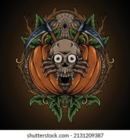 artwork illustration and t shirt design skull reaper in pumpkin