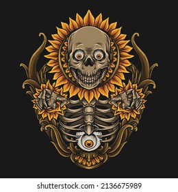 artwork illustration and t shirt design skeleton with sunflower  engraving ornament